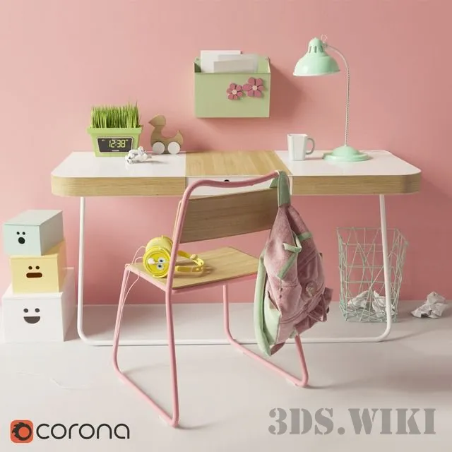 child-room - Green and pink furniture set 3D Model