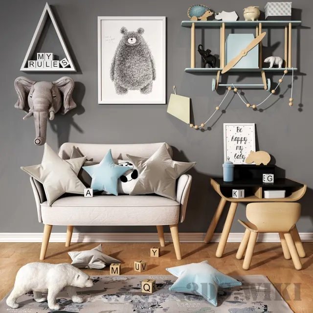 child-room - Set with plane shelf and star pillows 3D Model