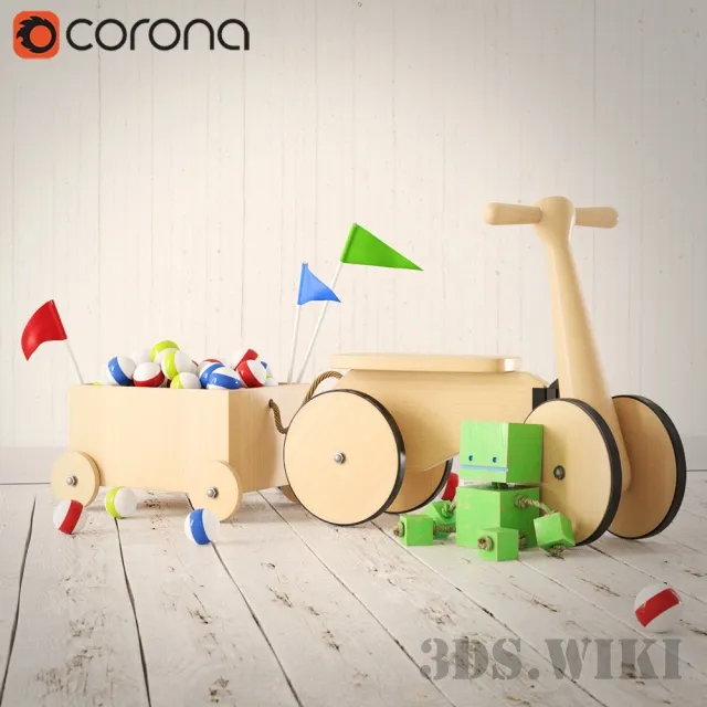 child-room - Wooden car with toys 3D Model
