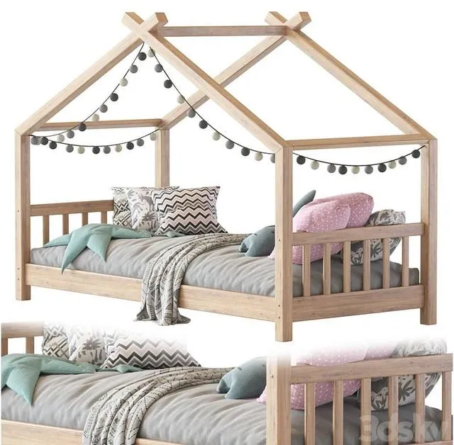 Children bed wood house 3D Model