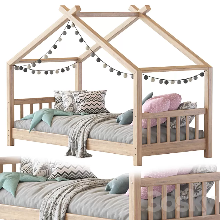 Children bed wood house 3D Model
