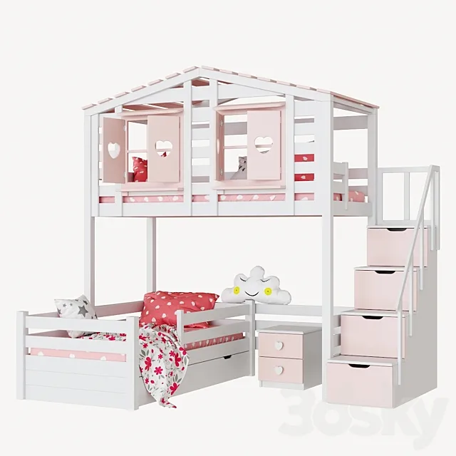 Children's 2-level bed lodge Bilbao set 2 3D Model