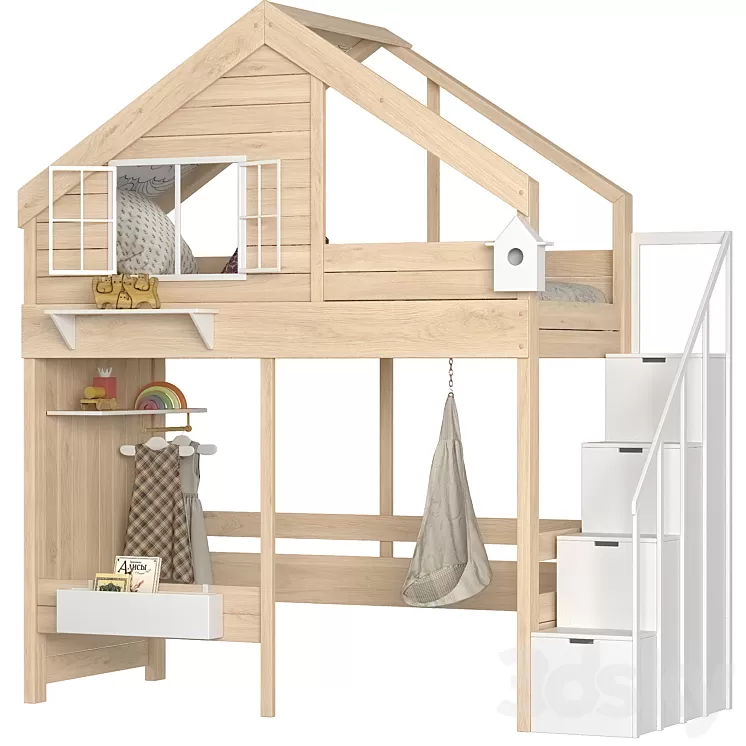 Children's loft bed Cozy Nest with a chest of drawers 3D Model Free