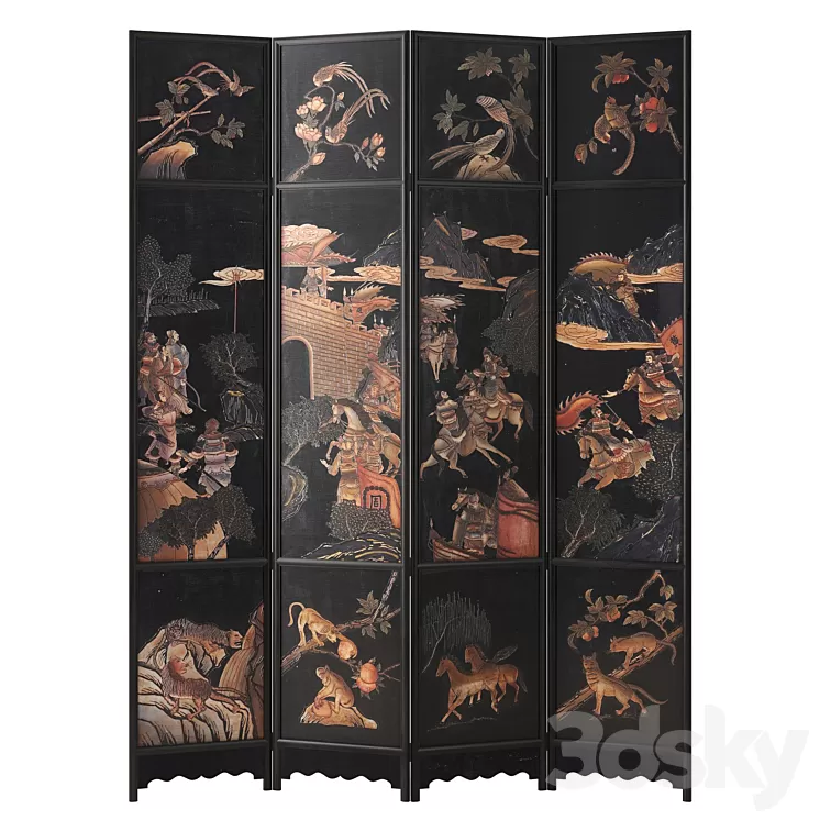 Chinese Four-Panel Lacquered Coromandel Panel Screen 3D Model Free