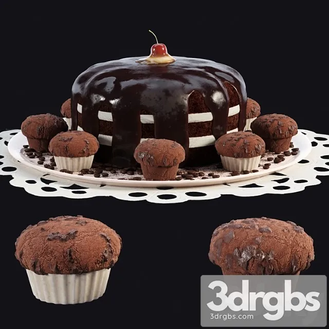 Chocolate cake and muffins 3D Model Free