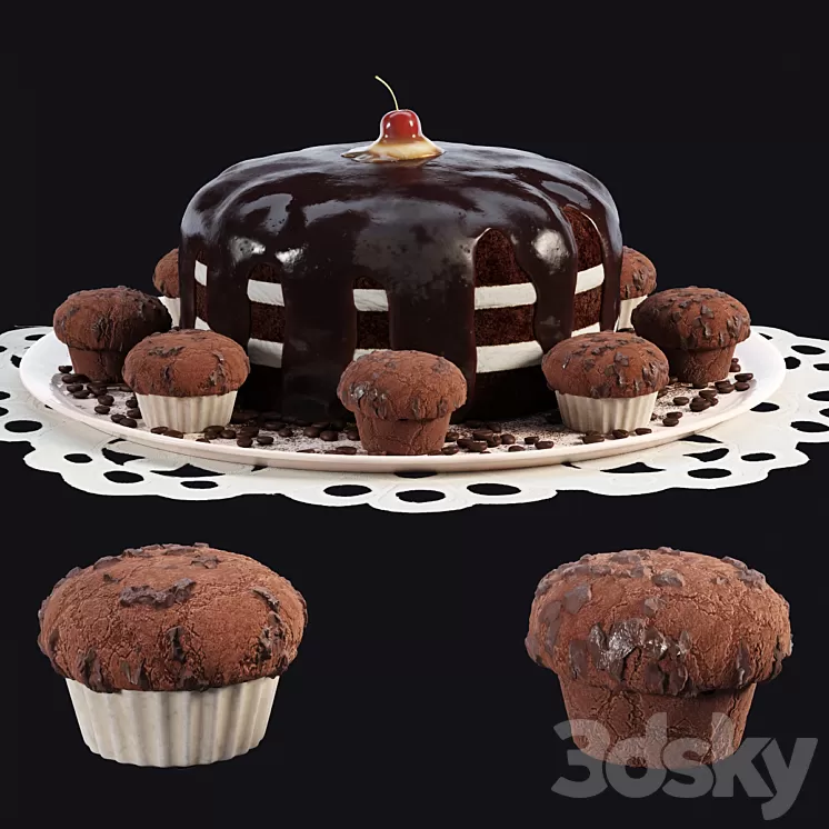 Chocolate cake and muffins 3D Model