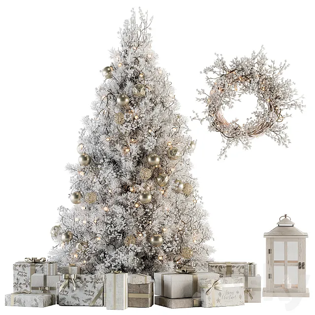 Christmas Decoration 14 – Christmas White and Gold Tree with Gift 3D Model