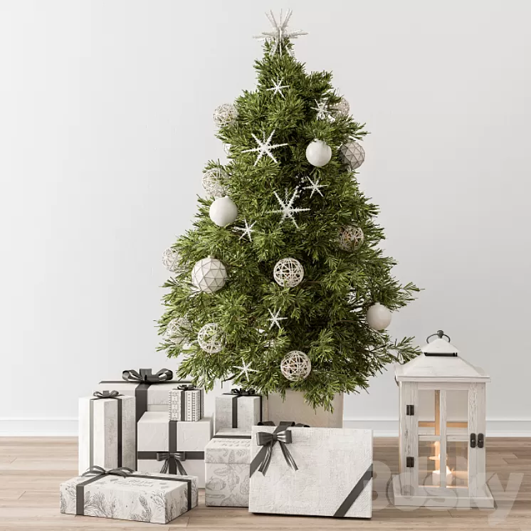 Christmas Decoration 23 - Christmas White and Green Tree with Gift 3D Model