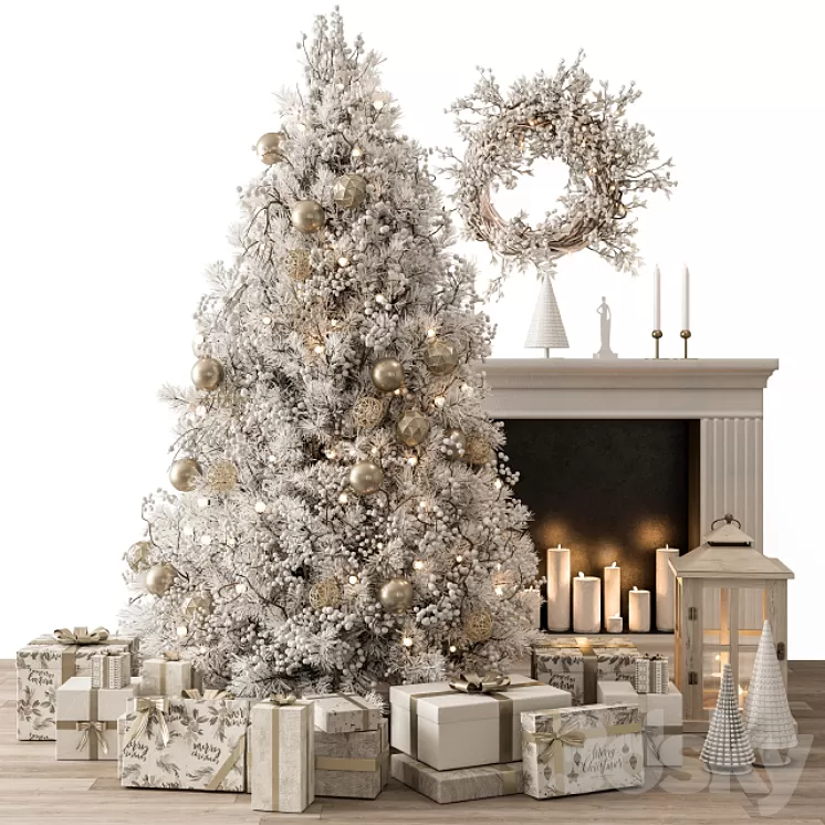 Christmas Decoration 26 - Christmas Gold and White Tree with Gift 3D Model Free