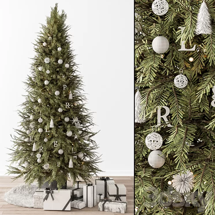 Christmas Decoration 33 - Christmas Green and White Tree with Gift 3D Model Free