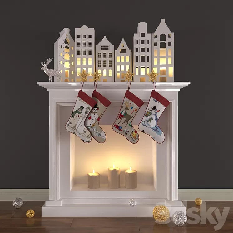 Christmas decoration with candles and fireplace 3D Model