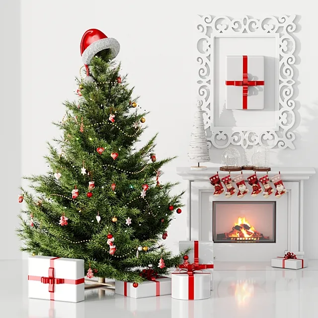 Christmas tree with hat and fireplace 3D Model