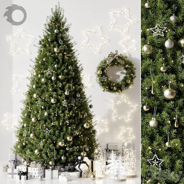Christmas tree with wreath and gifts 3D Model