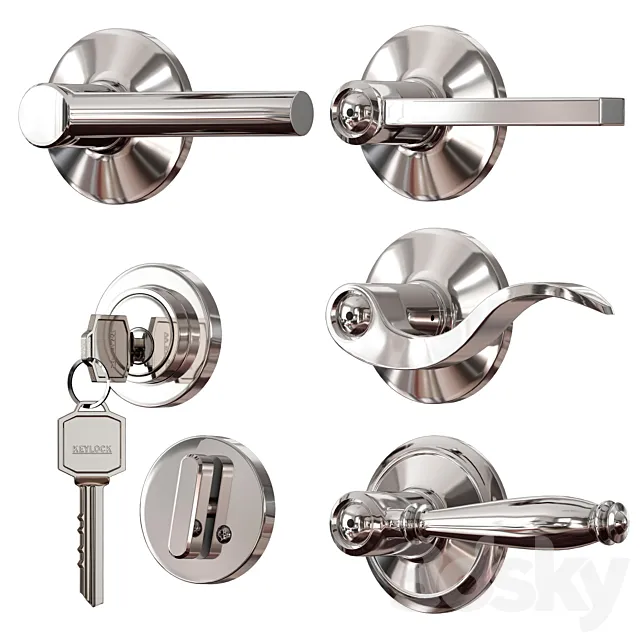 Chrome plated metal door handles. lock and key 3D Model