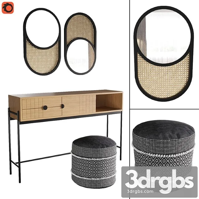 Clara console, curico pouf, waska mirror