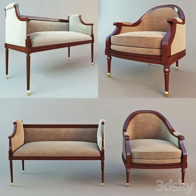 Classic armchair and stool 3D Model