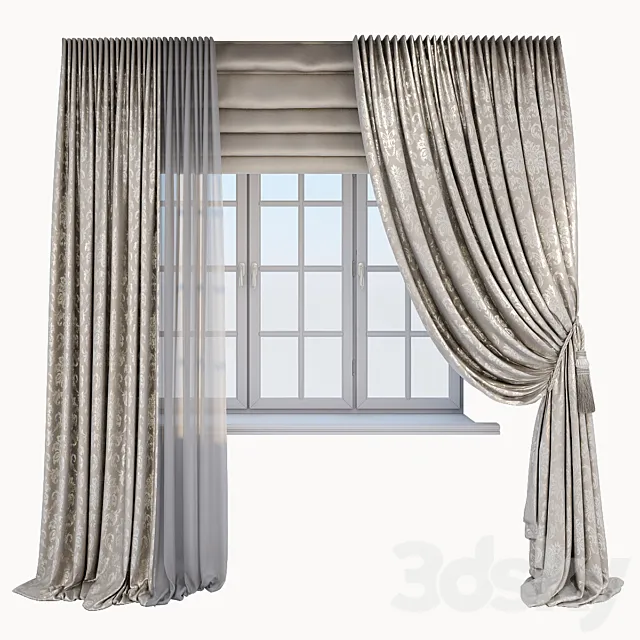 Classic beige curtains with Damascus pattern 3D Model