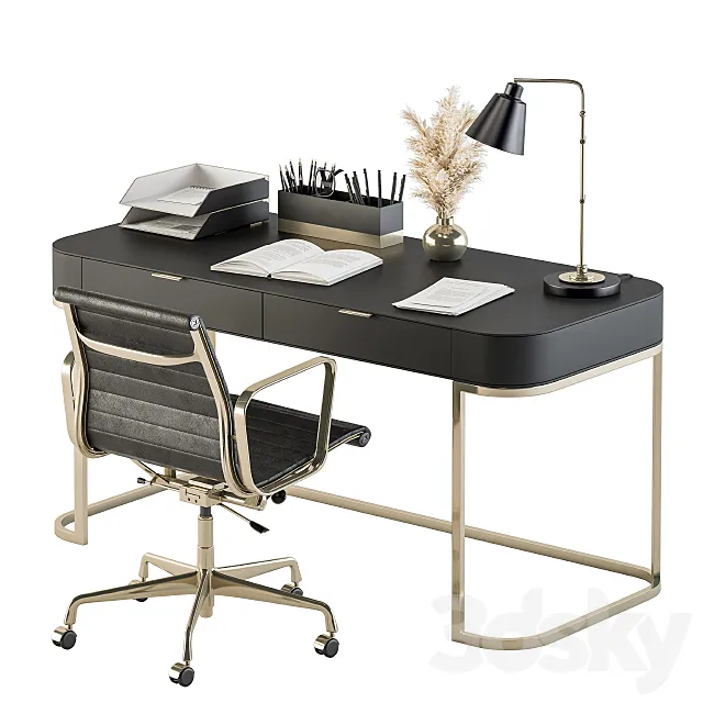 Classic Black and Gold Work Desk - Office Set 181 3D Model
