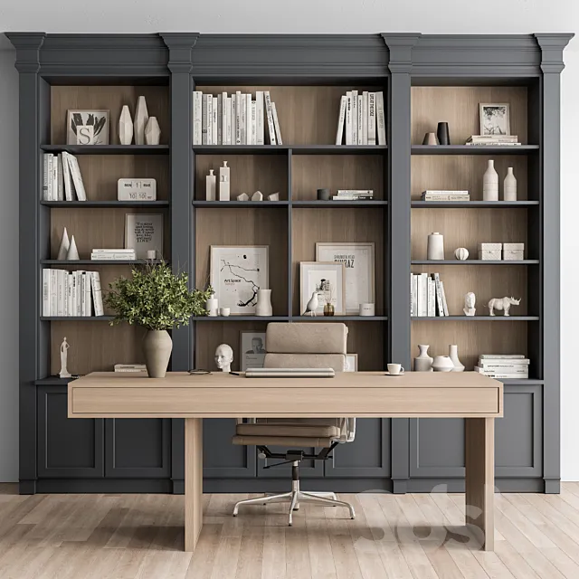 Classic Boss Desk and Library Set - Office Furniture 283 3D Model