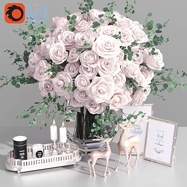 Classic French Roses Vase Deer Decorative Set 3DModel