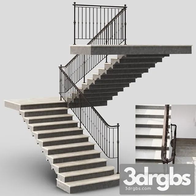 Classic stair with iron railing 3D Model Free