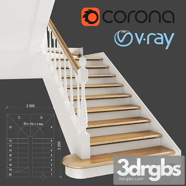 Classic two-march staircase with staggered steps 3D Model Download