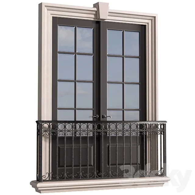 Classical front window with a French balcony.Classical Forged Fence. frame Window 3D Model