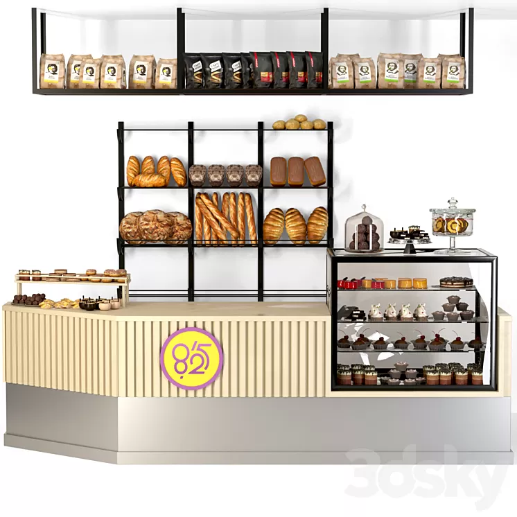 Coffee point in loft style with a showcase with desserts and fresh pastries 3D Model