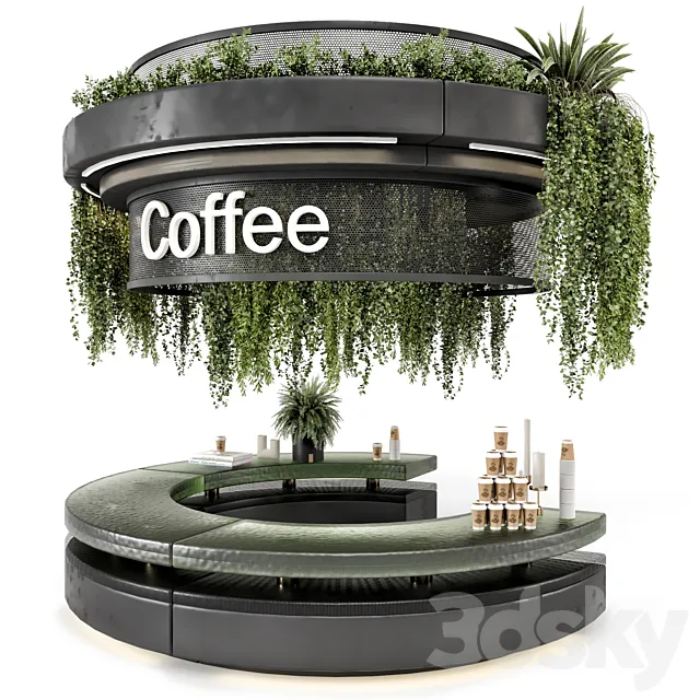 Coffee Reception Desk With Plants - Restaurant Set 1393 3D Model