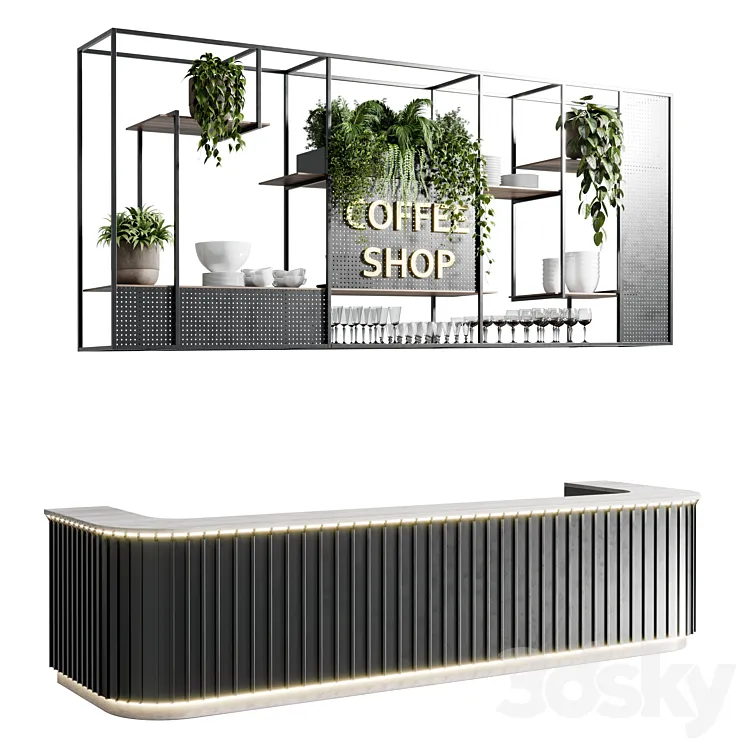 Coffee shop reception Restaurant counter by hanging plant - 02 3D Model Free