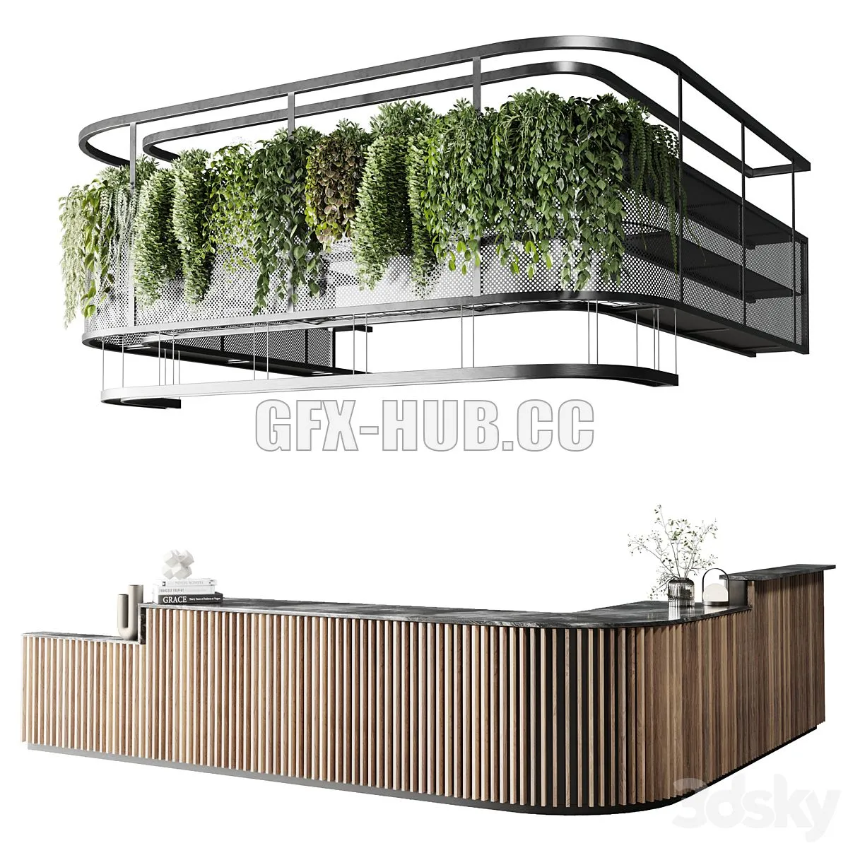 Coffee shop reception Restaurant counter by hanging plant - 03 3D Model