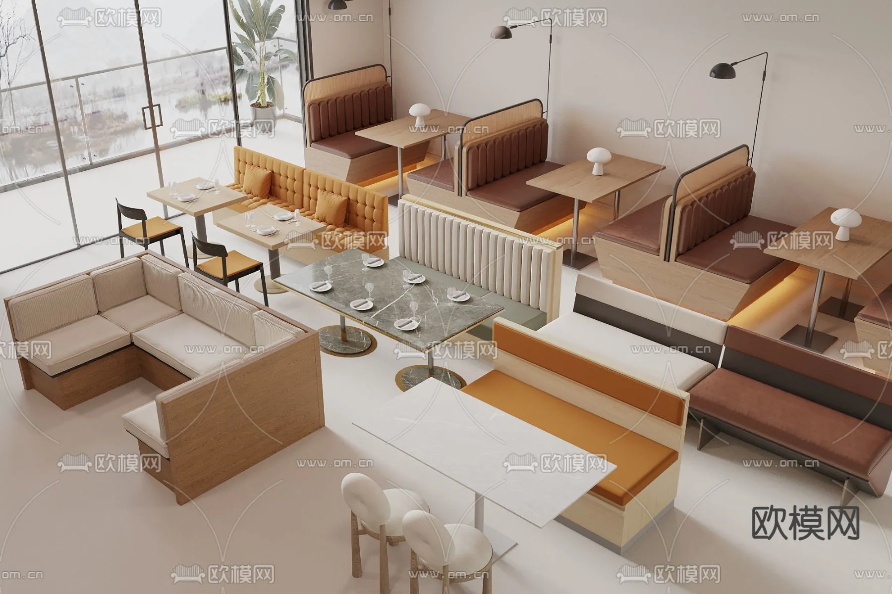 Coffee Table and Armchair Sets - 3D Models - Cafe Interior 3D Scenes - 022 - VRAY Render