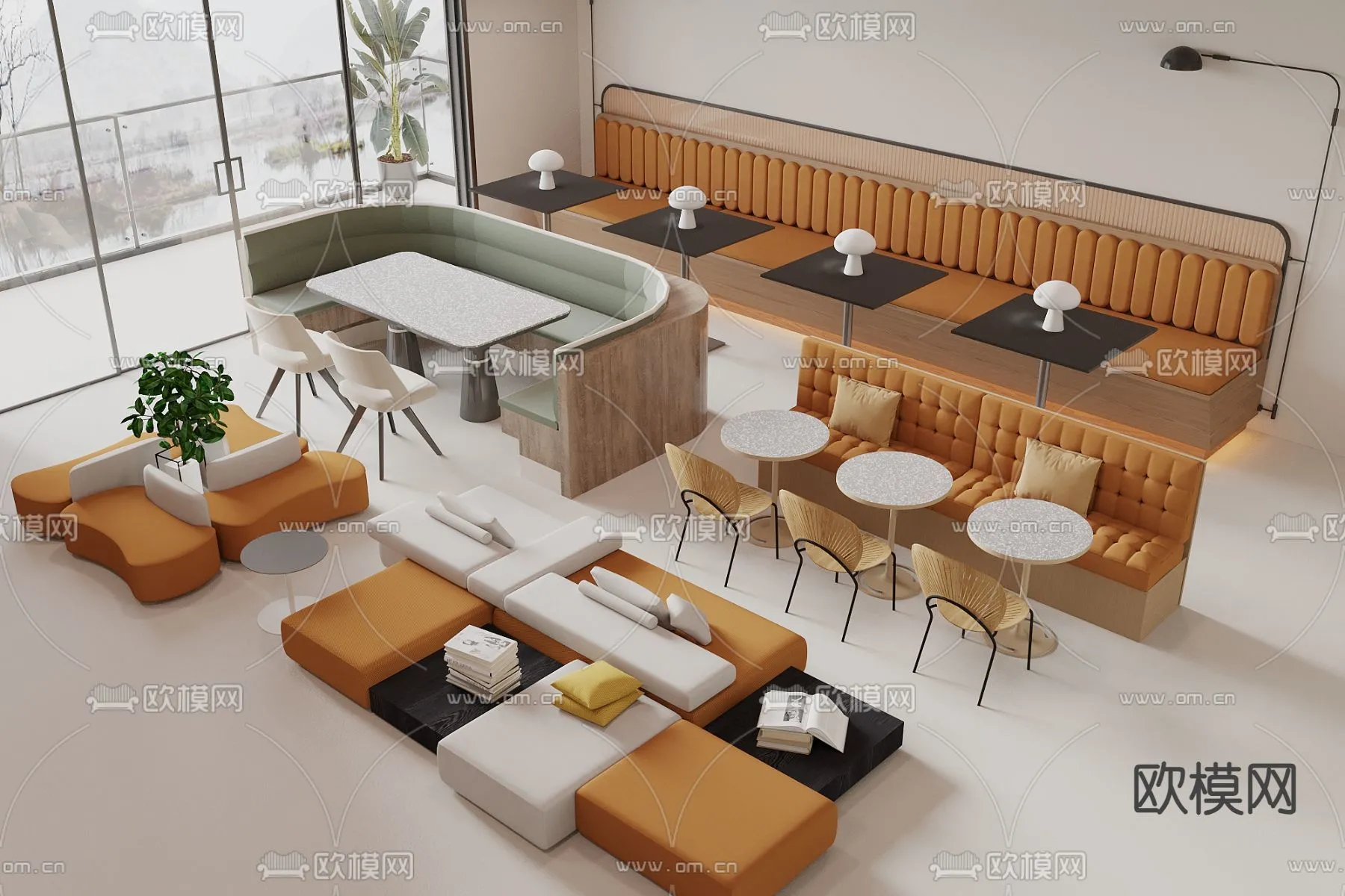 Coffee Table and Armchair Sets - 3D Models - Cafe Interior 3D Scenes - 023 - VRAY Render