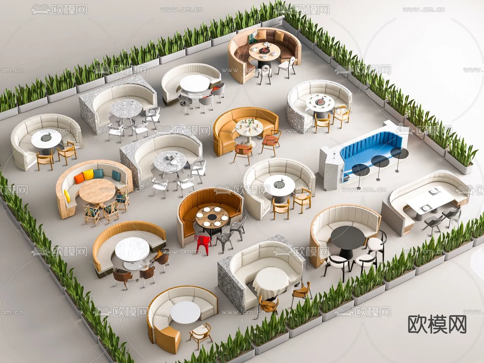 Coffee Table and Armchair Sets - 3D Models - Cafe Interior 3D Scenes - 049 - CORONA Render