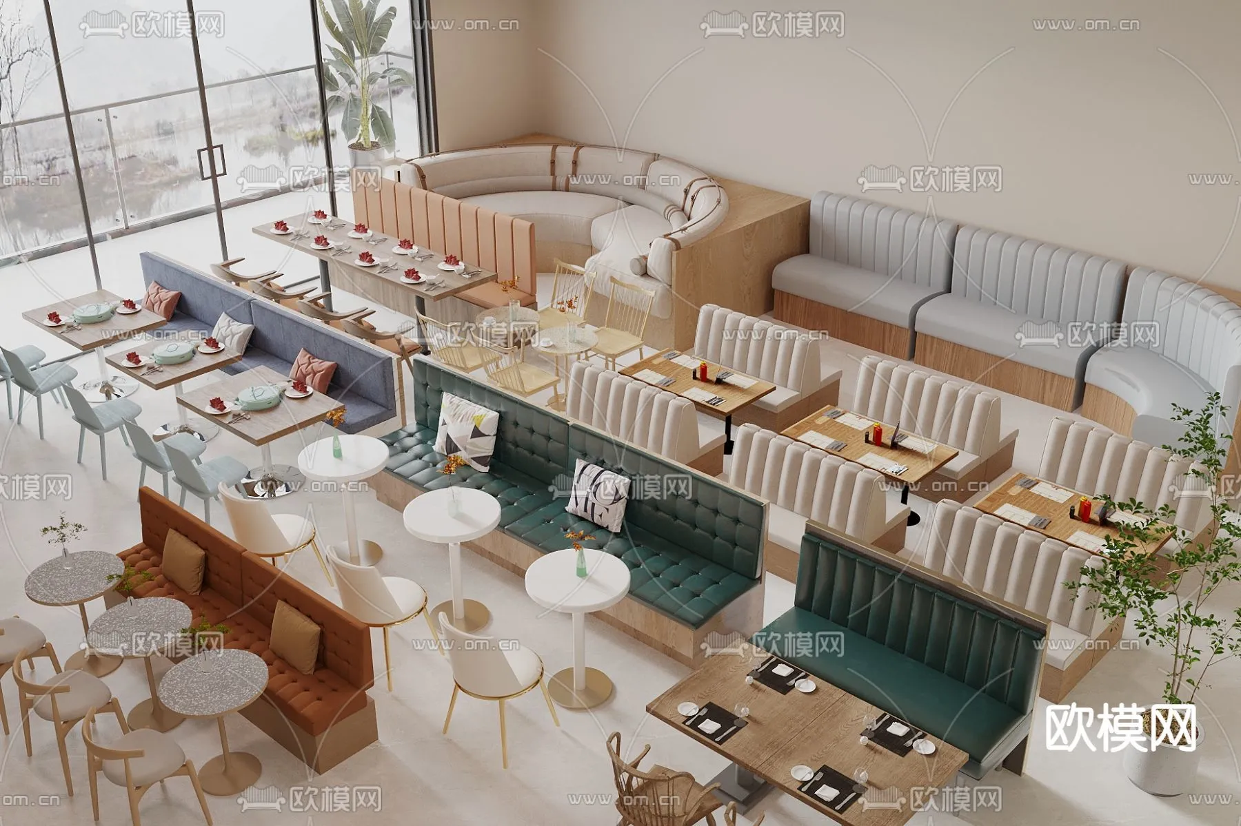 Coffee Table and Armchair Sets - 3D Models - Cafe Interior 3D Scenes - 052 - VRAY Render
