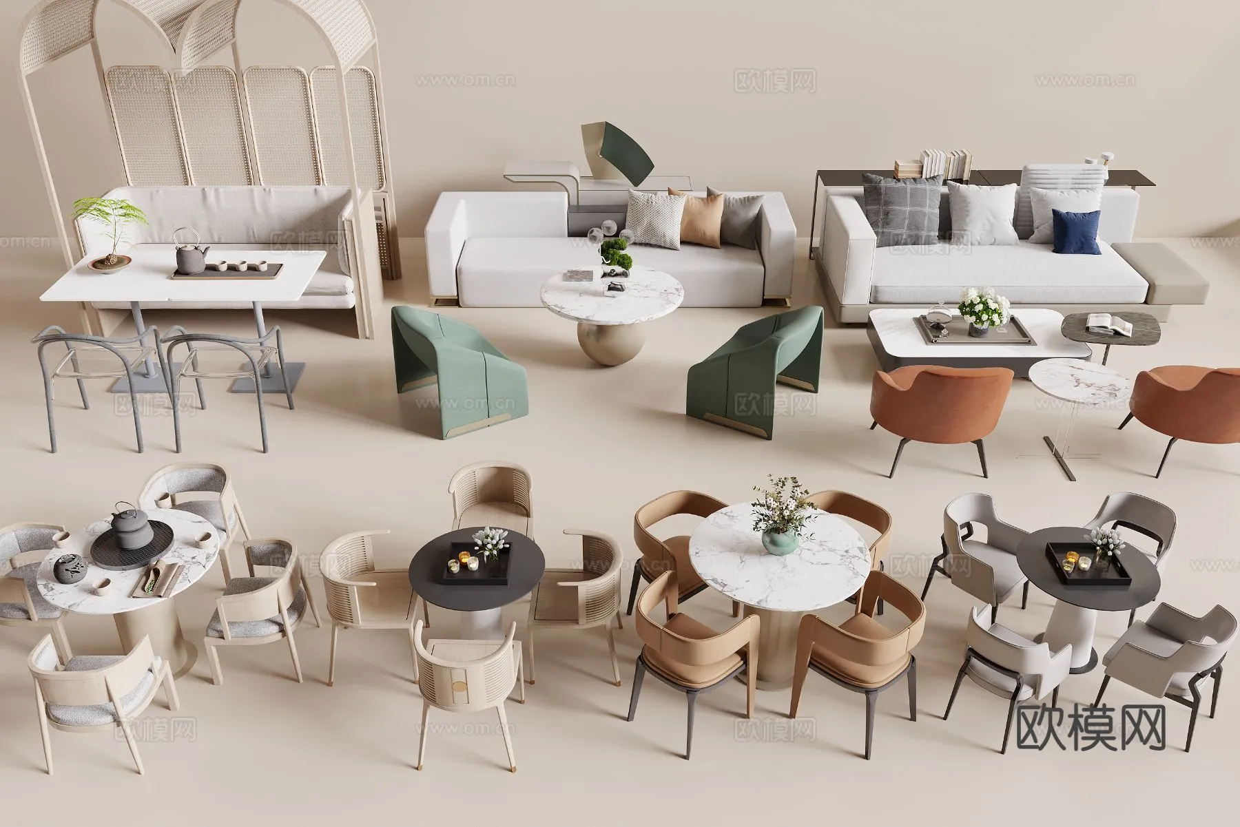 Coffee Table and Armchair Sets - 3D Models - Cafe Interior 3D Scenes - 066 - VRAY Render
