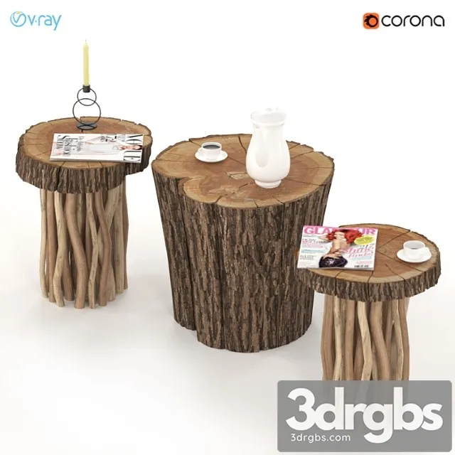 Coffee tables made of stump and slab on wooden legs. 2 3D Model Free