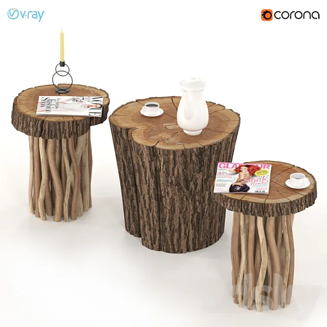 Coffee tables made of stump and slab on wooden legs. 3D Model