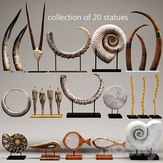 collection of 20 statues. figurine. wooden. eco design. set. collection. decor. mega set. ammonite. shell. fossil. figurine. decor. tusk. horn 3DModel