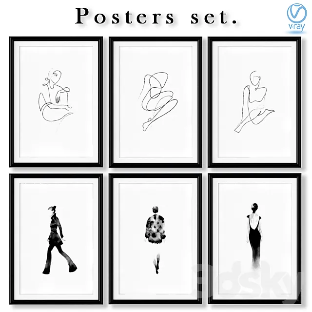 Collection of black and white abstract posters about fashion. 3D Model