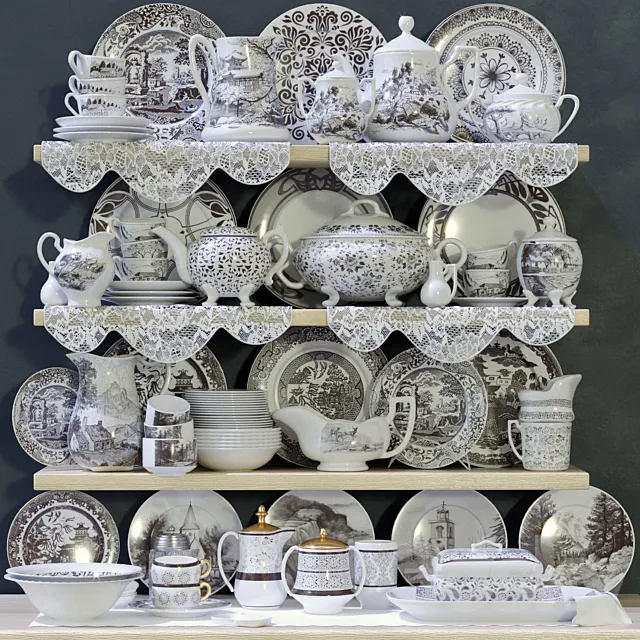 Collection of classic patterned porcelain tableware 3D Model