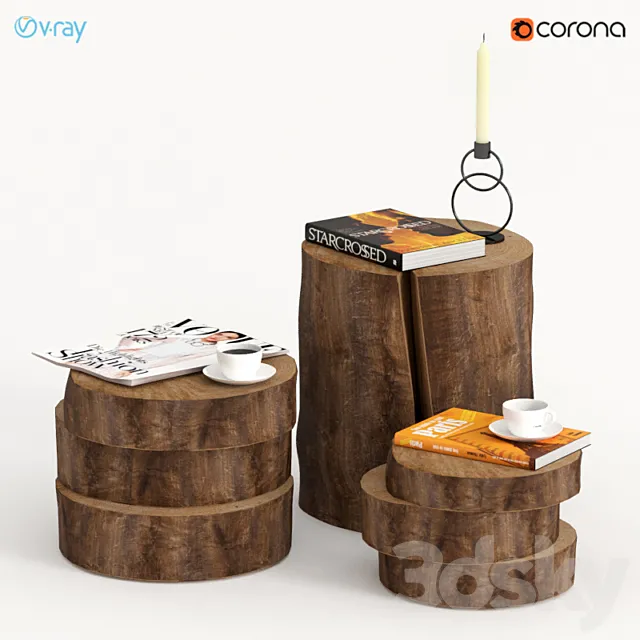 Collection of dark tables of stumps and slabs. 3D Model