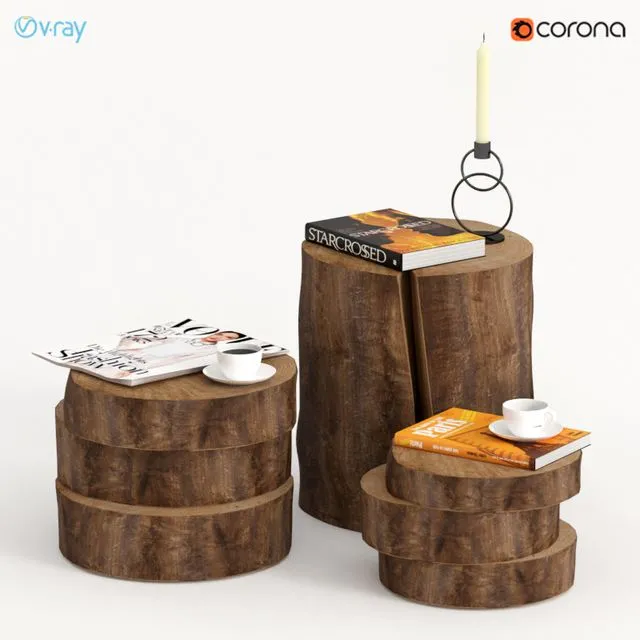 Collection of dark tables of stumps and slabs 3D Model
