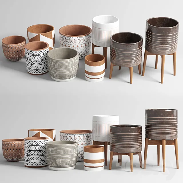 collection of earthenware and patterned concrete vases 3D Model