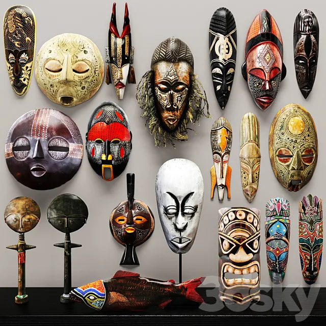 collection of masks and statuettes. 20 pieces set collection mask masks eco design African style figurine wall decor wooden ethnic 3D Model