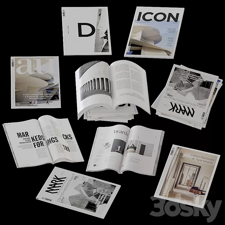 Collection of open and closed magazines