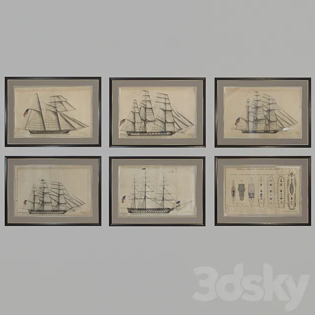 Collection of paintings with ships 3D Model