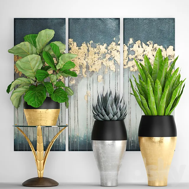 Collection of plants 90. Luxury plants painting gold decor flowerpot pot flower bush agave aspelinium ficus lyrata flower stand 3D Model