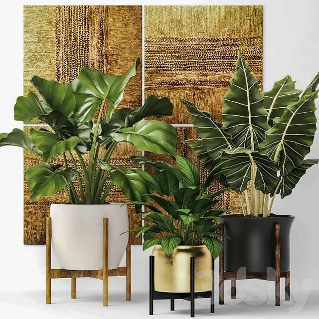 Collection of plants in pots 7. Flower pot bush flowerpot interior indoor alocasia luxury gold paintings abstraction luxury 3D Model