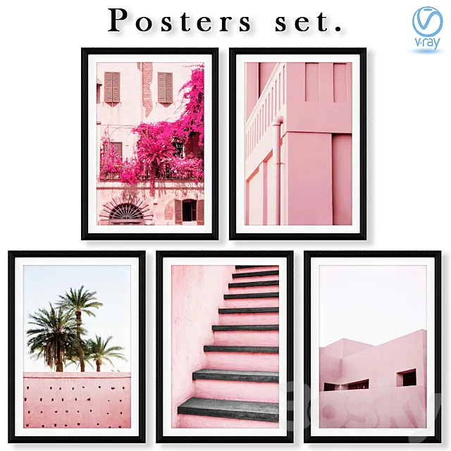 Collection of posters with pink architecture. 3DModel